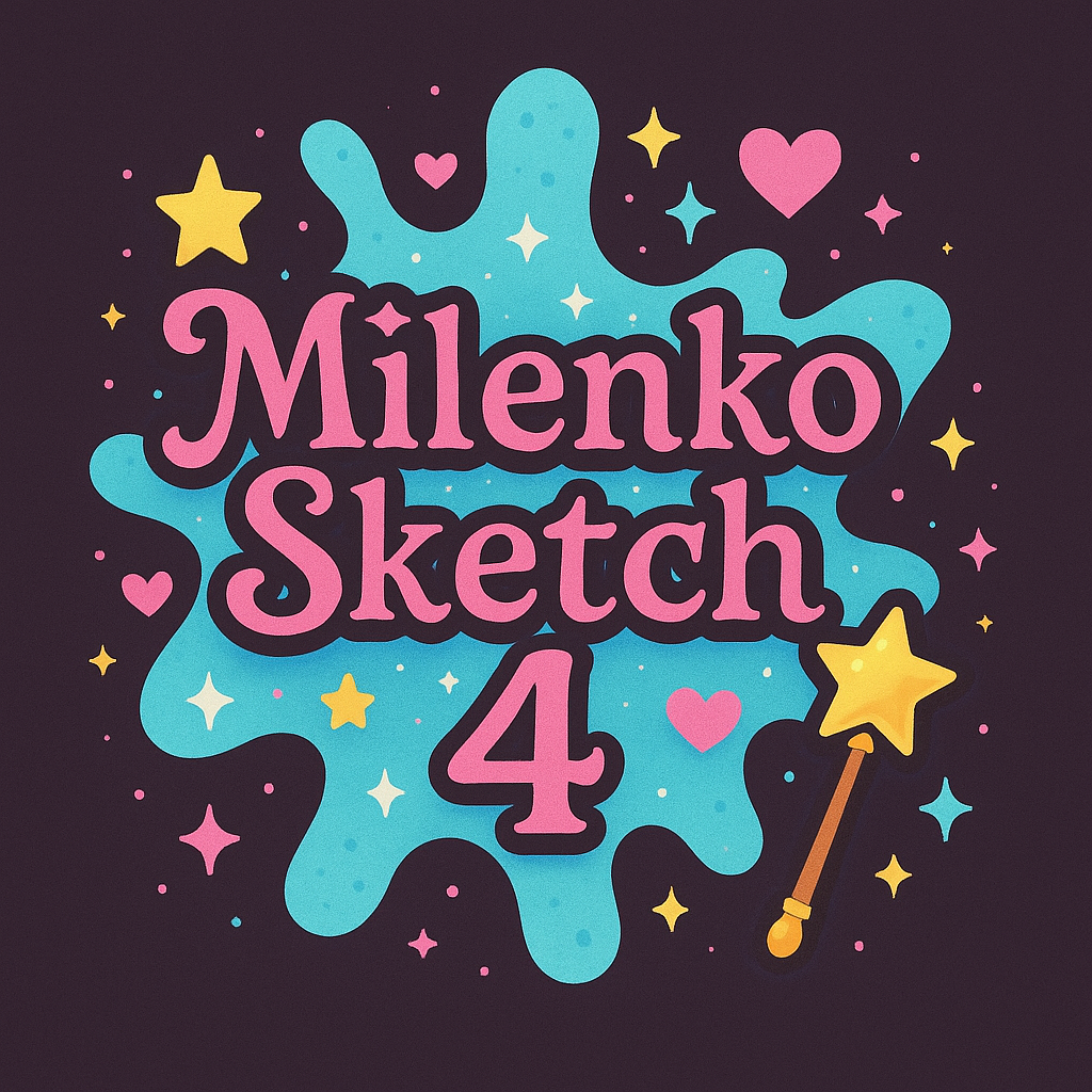 Milenko Sketch app mockup showing a transparent desktop drawing overlay with animation and palette tools.